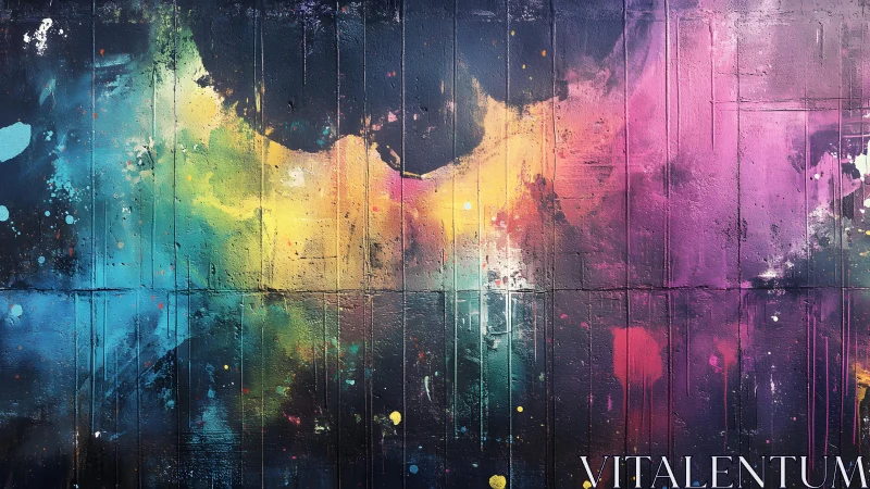Vibrant abstract graffiti mural with colorful cosmic splashes.
