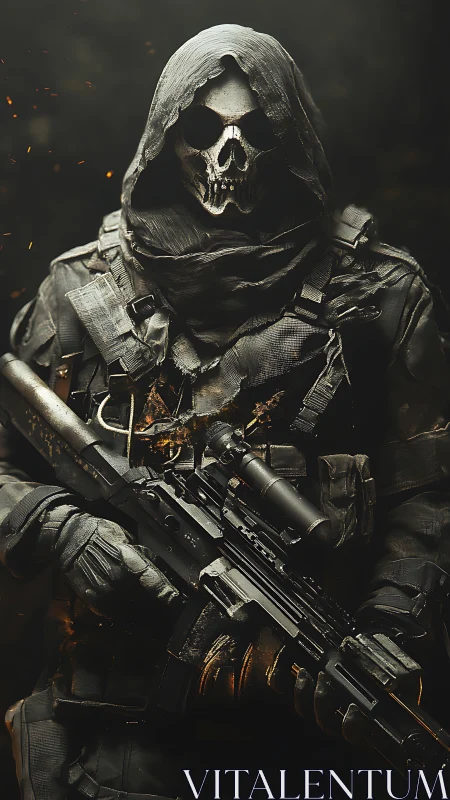 Hooded skull-masked soldier holding tactical rifle.