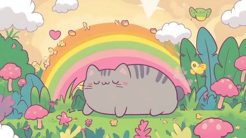 Placid Feline Subject Within Naturalistic Pastoral Rainbow Composition.