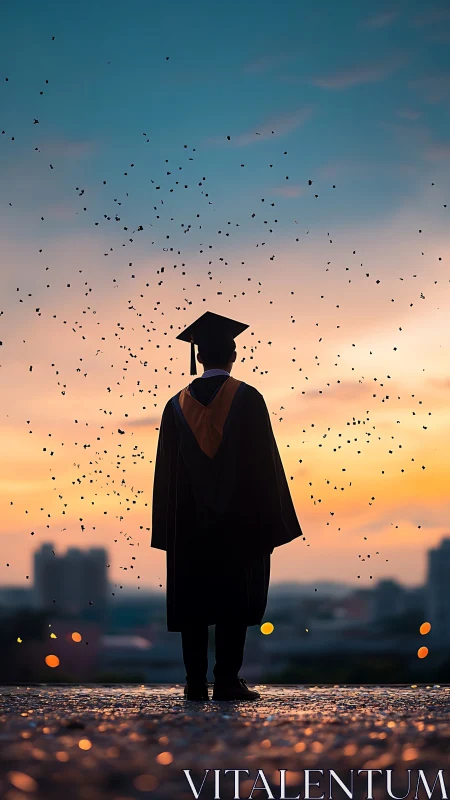 Graduate stands beneath sunset sky as confetti drifts.