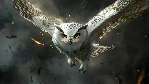 Majestic White Owl in Dramatic Flight, Digital Fantasy Art.