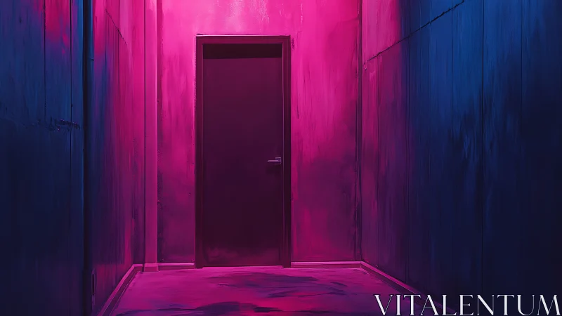 Neon hallway door glows with suspense in moody pink and blue