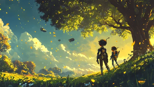 Robot explorers under luminous tree in vast sky meadow.