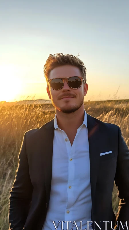 Man in tailored suit stands in sunset field with sunglasses