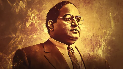 Gold-toned digital portrait of bespectacled suited figure.