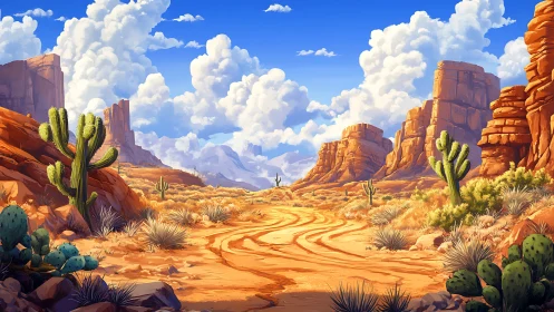 Desert canyon landscape shows central sandy track with cacti