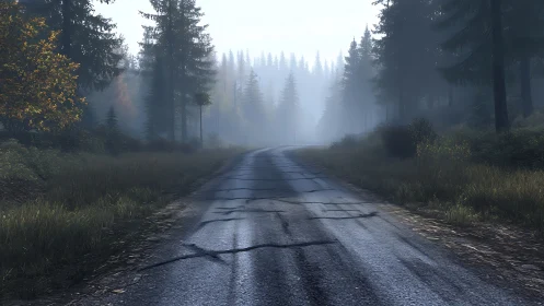 Photorealistic misty forest road with deep linear perspective.