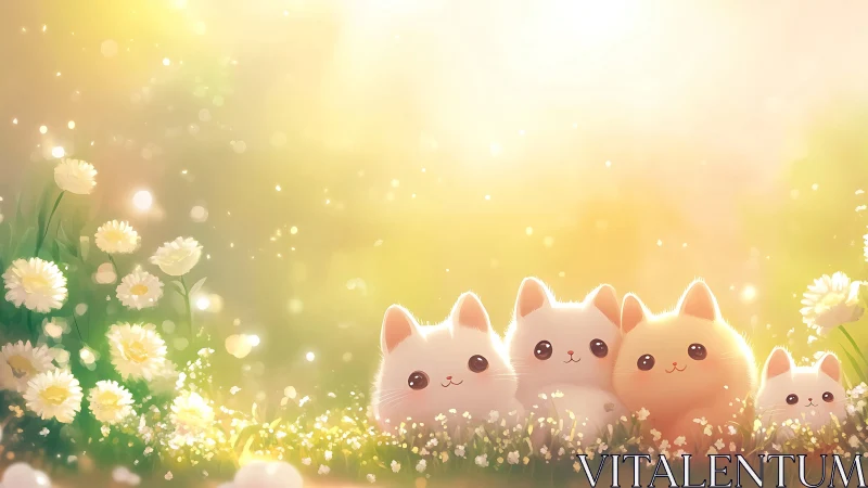 Four Charming Cats in Golden Flower Meadow.