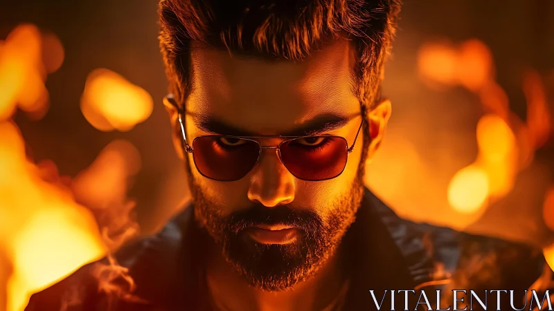 Bearded man in sunglasses against defocused fire background.