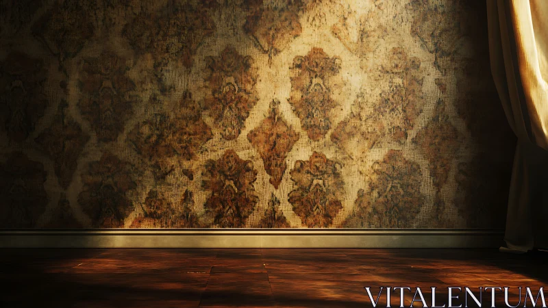 Aged damask wall with low sunlight and polished wood floor