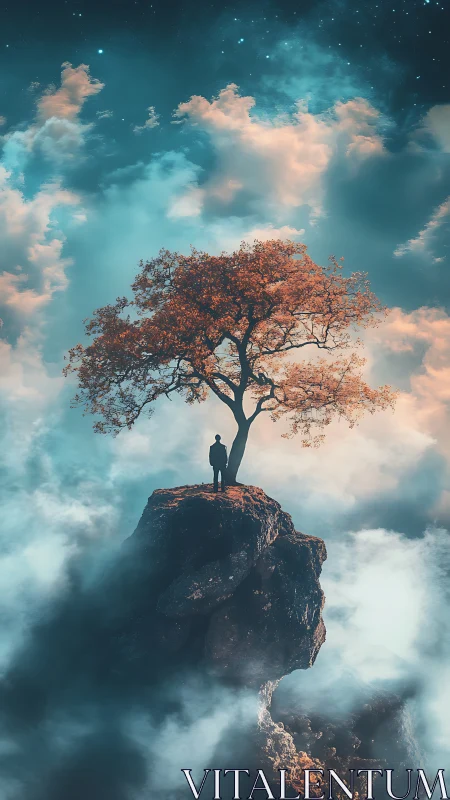 Surreal digital painting of lone figure on celestial summit.