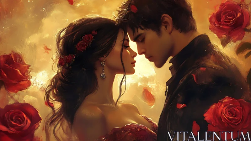 Two Figures in Profile with Red Roses and Gold Lighting.