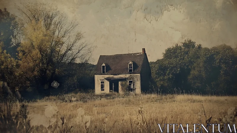 Weathered farmhouse stands alone in overgrown rural field.