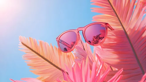 Pink sunglasses on pastel palm leaves with vibrant summer style.