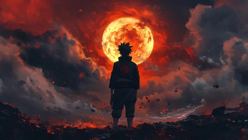 Lone ninja confronts apocalyptic sky beneath burning moon.