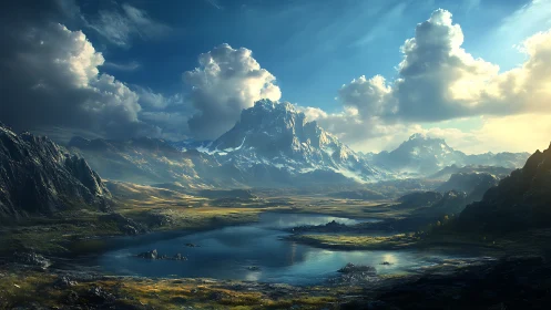 Sky-drowned mountain kingdom above mirror-bright valley lake.