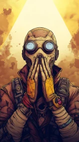 Goggled wanderer shields wide eyes beneath apocalyptic sunbeam