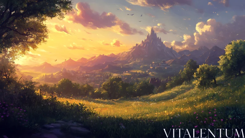 Sunlit fantasy valley with distant spired mountain citadel.