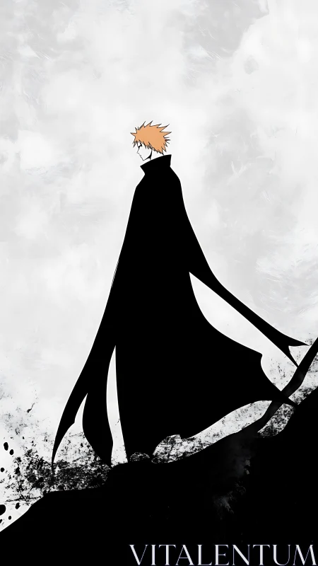 Silhouetted cloaked figure on abstract ink-splatter ground plane