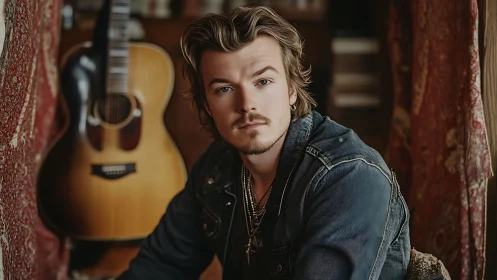 Male subject seated indoors beside acoustic guitar.
