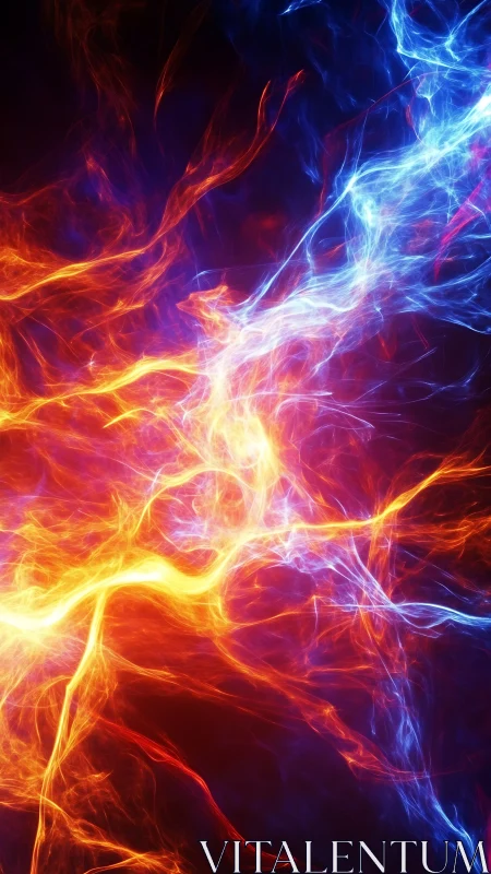 Electric fire and ice energy clash on dark abstract field.