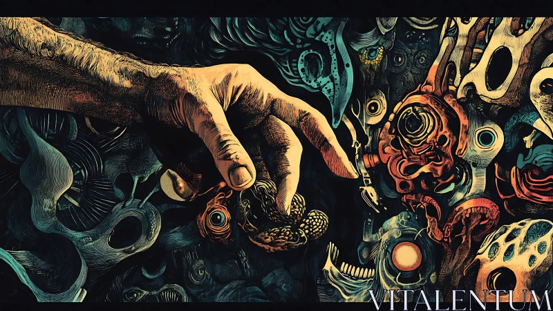 Surreal hand grasping biomorphic chaos in vivid depths.