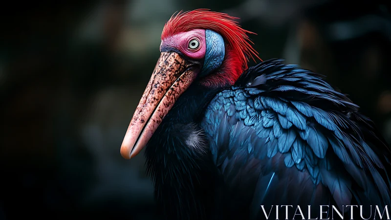 Striking portrait of exotic bird with vivid red crest and blue feathers.