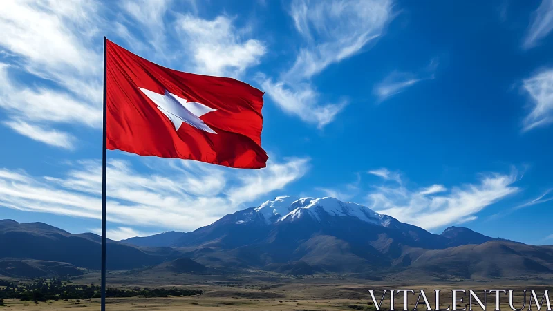 Red flag with white star positioned before snowcapped mountain