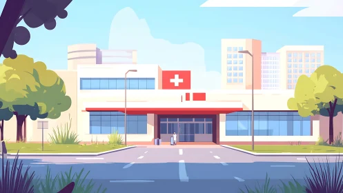 Digital hospital entrance in bright urban healthcare district.