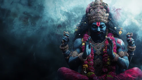 Blue multi-armed deity figure sits in frontal view amid smoke
