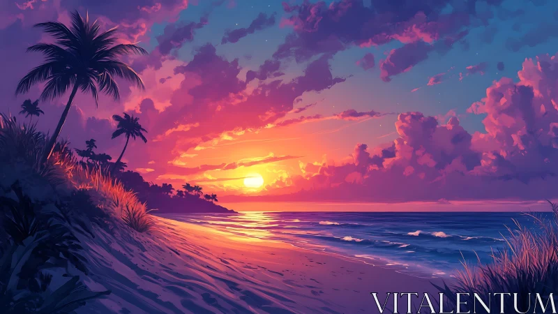 Tropical twilight paints clouds while waves polish quiet sand