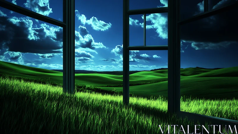 Surreal digital window framing glowing green hills at night.