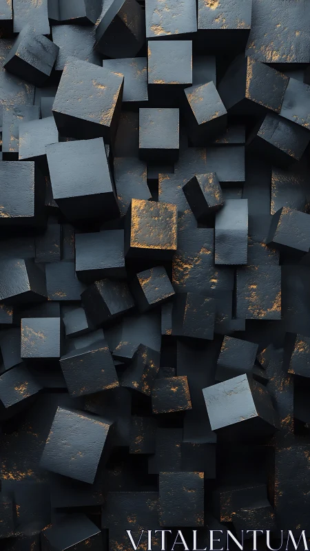 Dense matte black cubes with metallic edge weathering texture