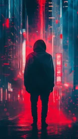 Hooded figure stands in neon alley under intense red glow