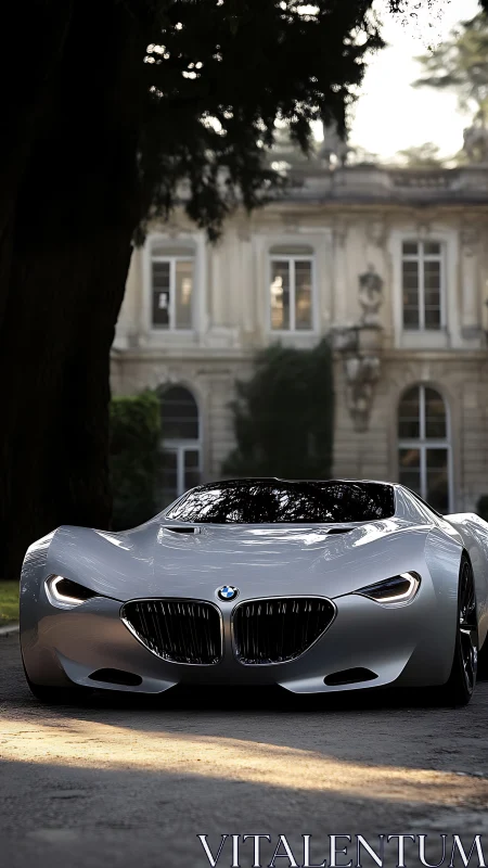 Sculpted silver BMW concept car outside a grand estate.