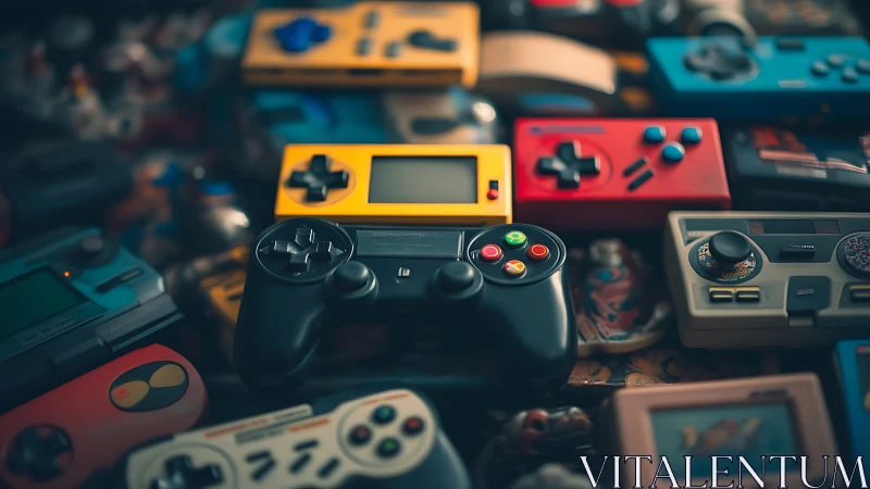 Color-splashed retro game controllers in cozy gamer chaos.
