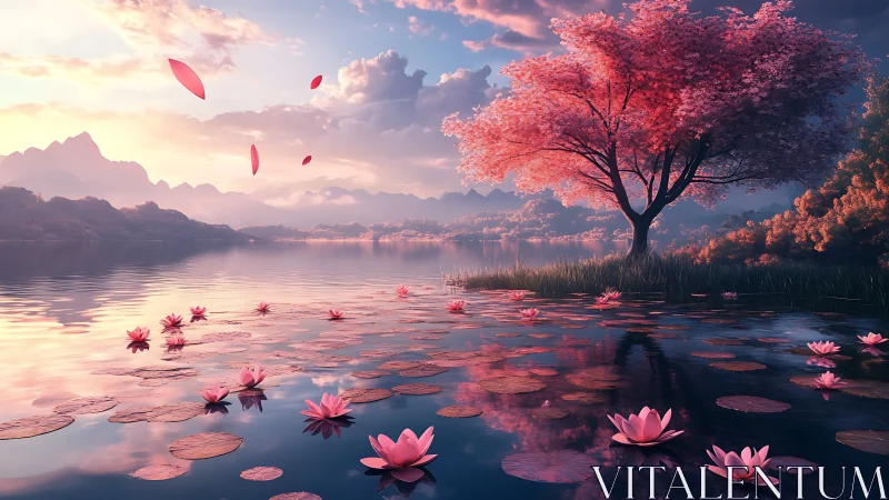 Serene lotus lake beneath radiant cherry blossom dusk.