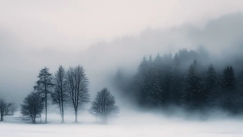Snow-covered trees stand in dense winter fog over valley