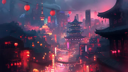 Neon lanterns weave ancient roofs into a dreamy megacity