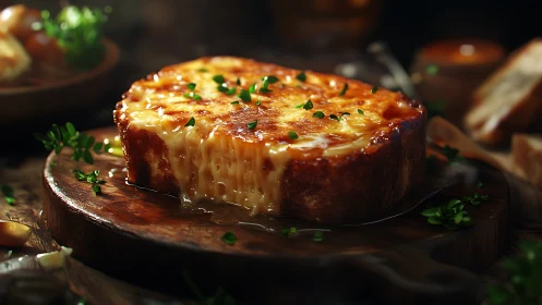 Golden-crusted french onion soup gratinee in earthenware bowl.