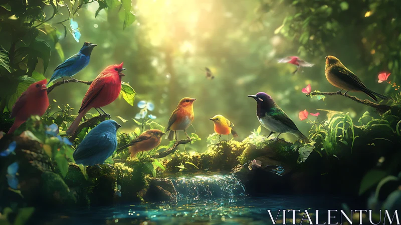 Colorful Songbirds Gather at a Mystical Forest Stream, Digital Art.