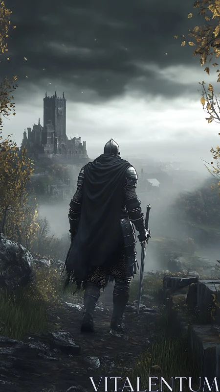 Lone armored knight approaches misty fortress at dusk.