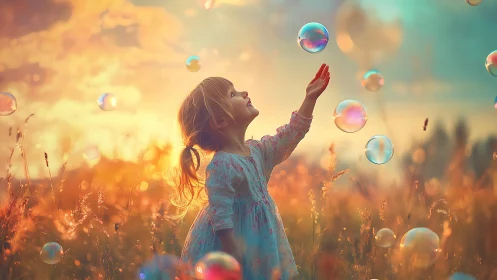 Child reaching for bubbles in golden hour meadow light.