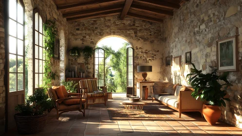 Sunlit rustic stone living room with botanical accents.