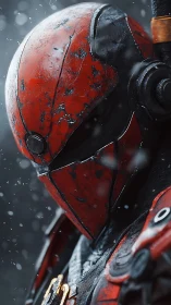 Weathered red sci fi helmet watches the swirling snowfall