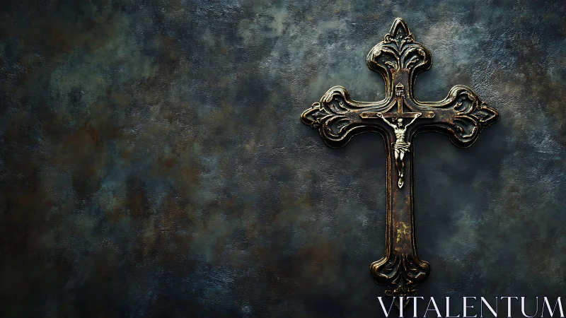 Graceful ornate crucifix rests against a weathered wall