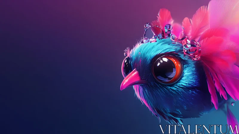 Jewel crowned neon bird stares curiously into cosmic dusk