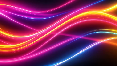 Neon light trails in flowing abstract motion on dark field.