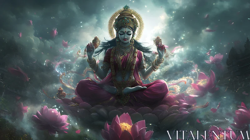Four-armed goddess floats meditating on blooming lotus