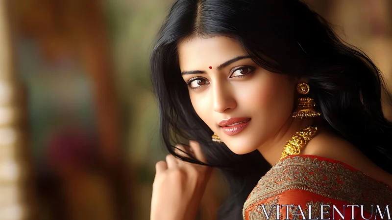 Traditional portrait of woman in embroidered red saree, bokeh.
